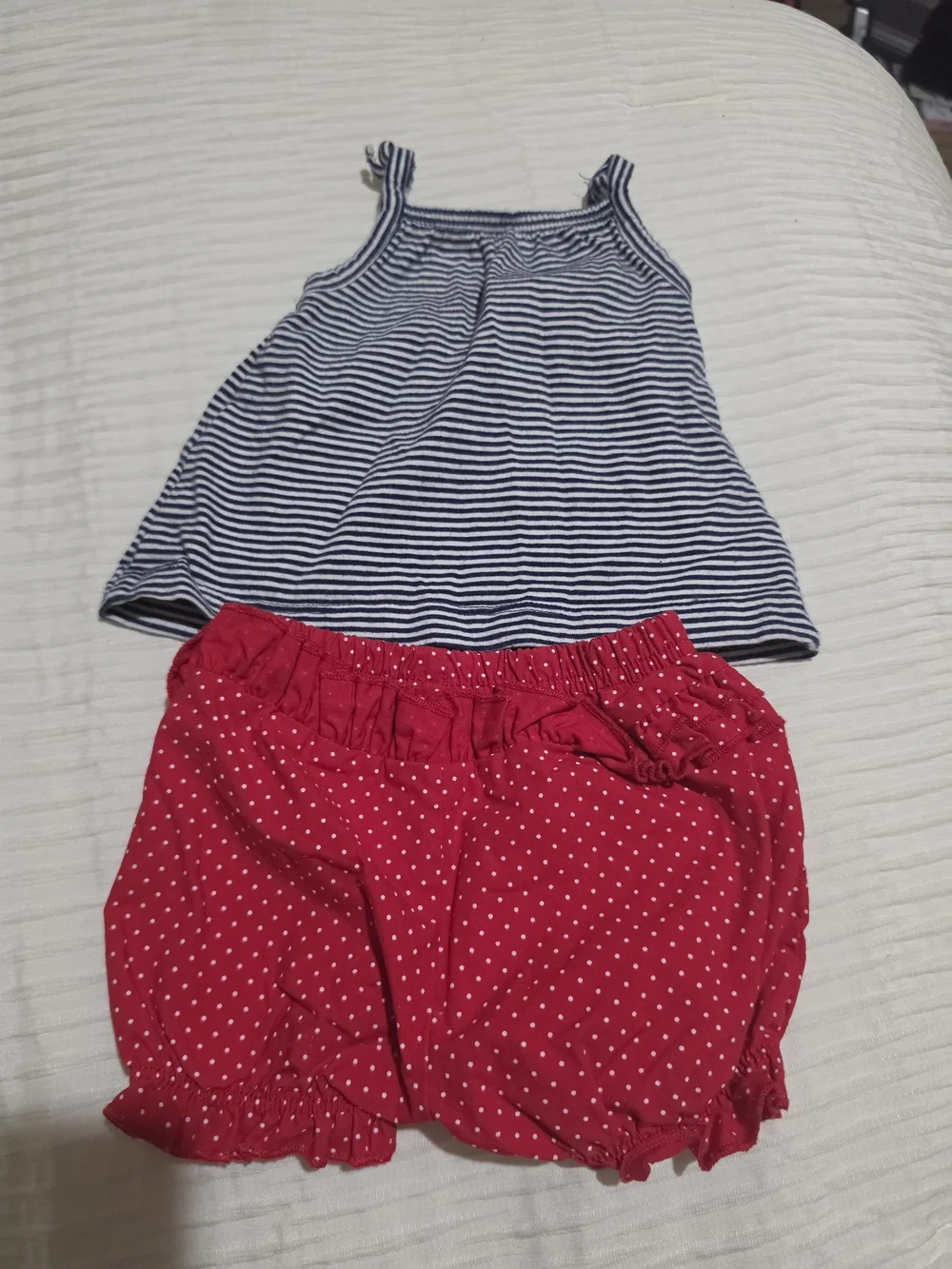 Striped Navy & White Tank with Red Ladybug Pockets Red Polka Dot Shorts Size NB